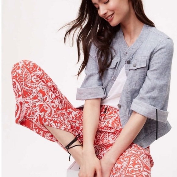 Loft Sz 16 Red White Paisley Wide Leg Pants Coastal Resortwear Beach Summer - Picture 4 of 12